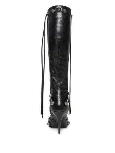 Balenciaga Cagole White Pointed High-boots With Studs And Buckles In Leather Woman In Black