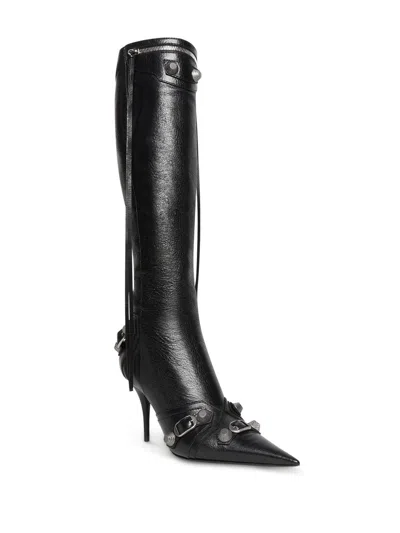 Balenciaga Cagole White Pointed High-boots With Studs And Buckles In Leather Woman In Black