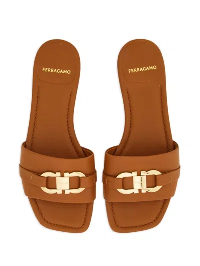 Shop Ferragamo Gancini Leather Flat Sandals