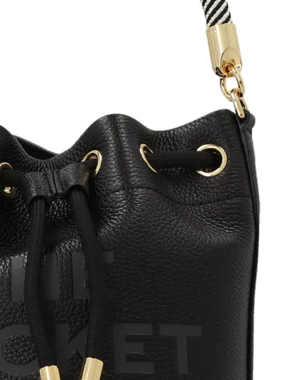 Marc Jacobs The Leather Bucket Black Handbag With Drawstring And Front Logo In Hammered Leather