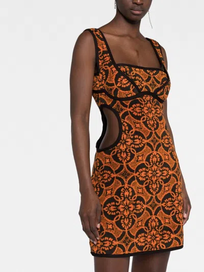 Marine Serre Geometric Pattern Embroidered Squaredneck Mini Dress