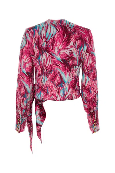 Balmain Silk Feather Print Wrap Blouse In Multi-roseturquoise