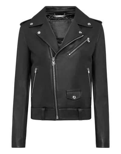Philipp Plein Biker Leather Jacket In Black