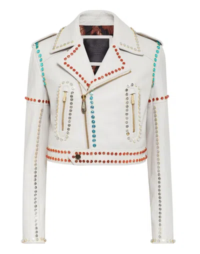 Philipp Plein Crystal-trim Studded Cropped Biker Jacket In White