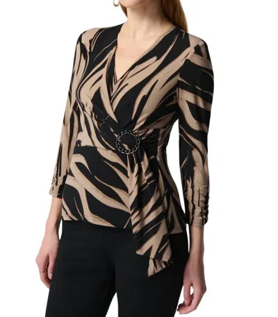 Joseph Ribkoff Abstract Print Silky Knit Top With Side Buckle In Black/latte In Multi