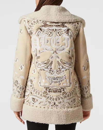 Philipp Plein Embroidered-paisley Shearling Coat In Beige