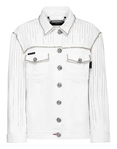Philipp Plein Denim Jacket Crystal Fringe In White