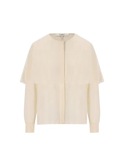 Chloé Long-sleeved Cape Blouse In Silk Georgette In Pristine White