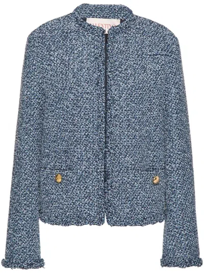 Shop Valentino Tweed Crewneck Jacket In Clear Blue