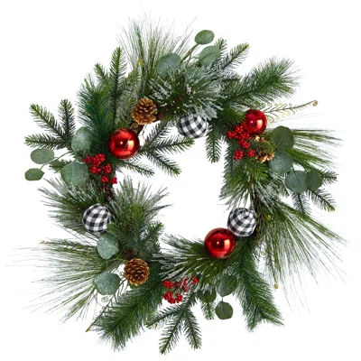 Homplanti 24" Berry And Pinecone Christmas Wreath With Ornaments