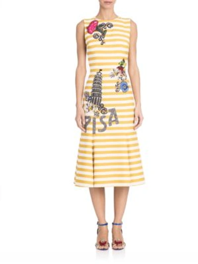 Shop Dolce & Gabbana Pisa Embellished Flare-hem Midi Dress In Yellow-white Stripe