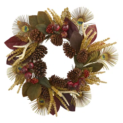 Homplanti 27" Magnolia Leaf Berry Antler And Peacock Feather Wreath