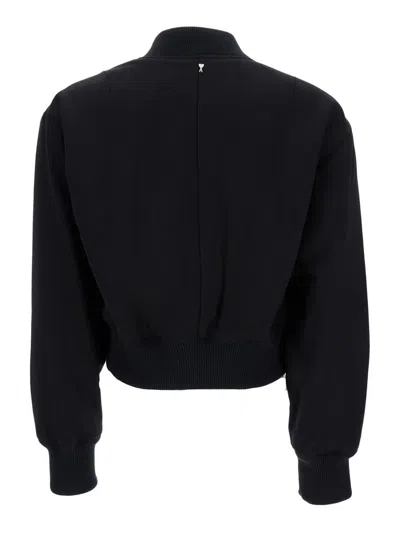 Shop Ami Alexandre Mattiussi Black Crop Bomber Jacket With Logo Patch In Wool Blend Woman