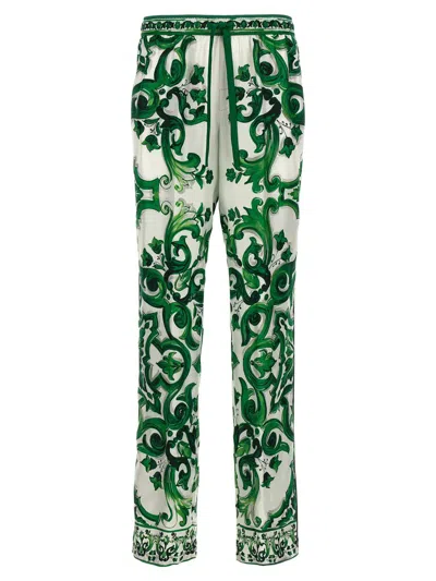 Dolce & Gabbana Silk Twill Jogging Pants With Majolica Print In Green