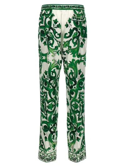 Dolce & Gabbana Silk Twill Jogging Pants With Majolica Print In Green