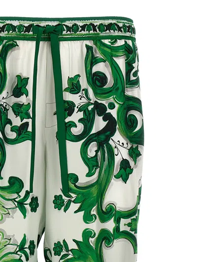 Dolce & Gabbana Silk Twill Jogging Pants With Majolica Print In Green