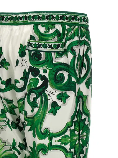 Dolce & Gabbana Silk Twill Jogging Pants With Majolica Print In Green