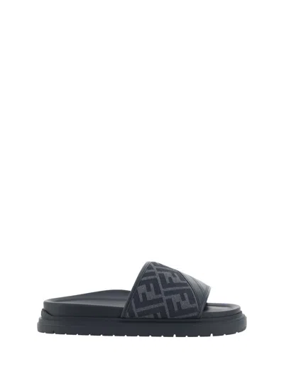 Fendi Men Low Leather Sandals With Ff Jacquard Insert In Nero+ner+grigio Nero