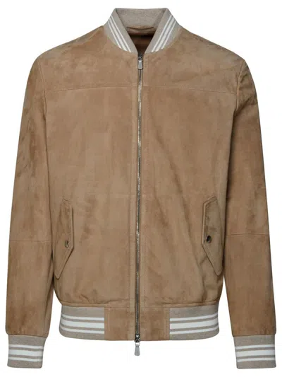 Shop Eleventy Beige Goat Leather Bomber Jacket