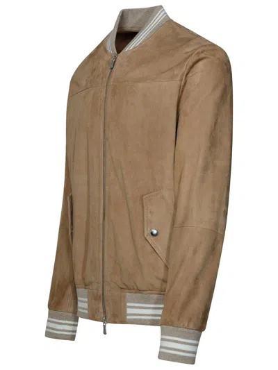 Shop Eleventy Beige Goat Leather Bomber Jacket