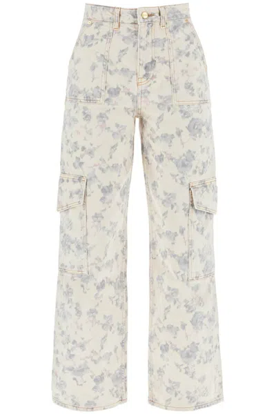 Shop Ganni Printed Cargo Jeans With Ang In Bianco