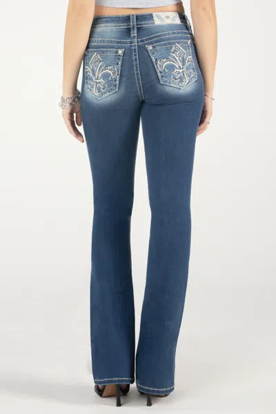 Miss Me Barely There Fleur De Lis Bootcut Jeans In Med/dark Wash