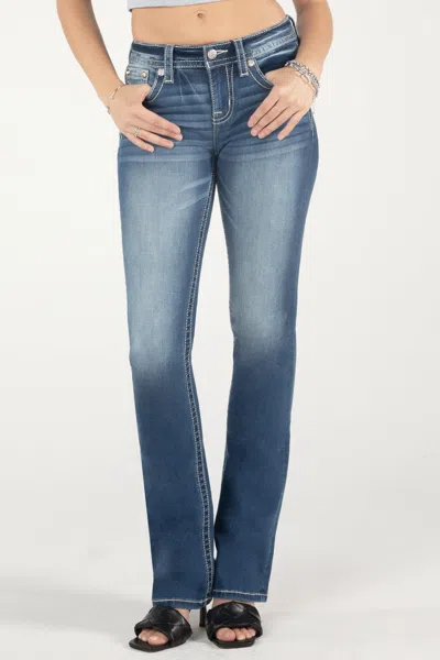 Miss Me Barely There Fleur De Lis Bootcut Jeans In Med/dark Wash