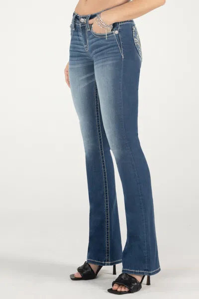 Miss Me Barely There Fleur De Lis Bootcut Jeans In Med/dark Wash