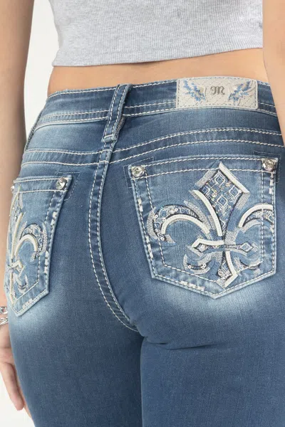 Miss Me Barely There Fleur De Lis Bootcut Jeans In Med/dark Wash