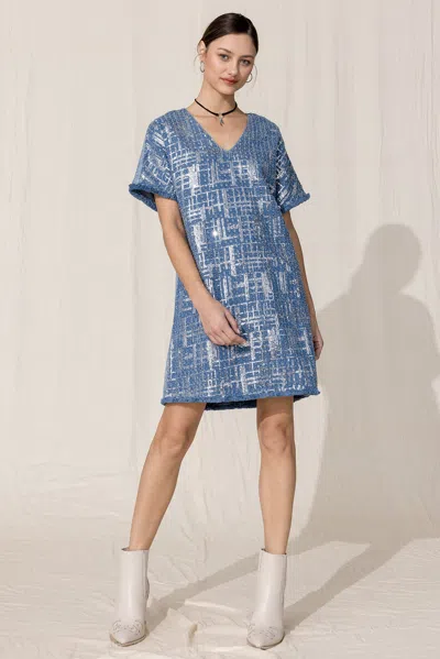 Miss Me Denim Sequin Mini Shift Dress In Blue