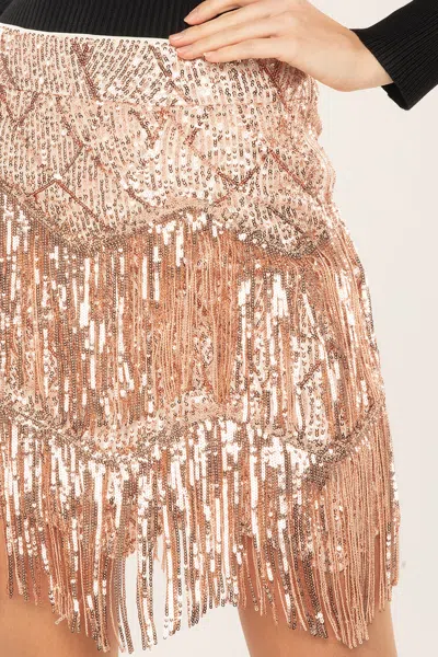 Shop Miss Me Fringe Sequin Mini Skirt In Rose Gold