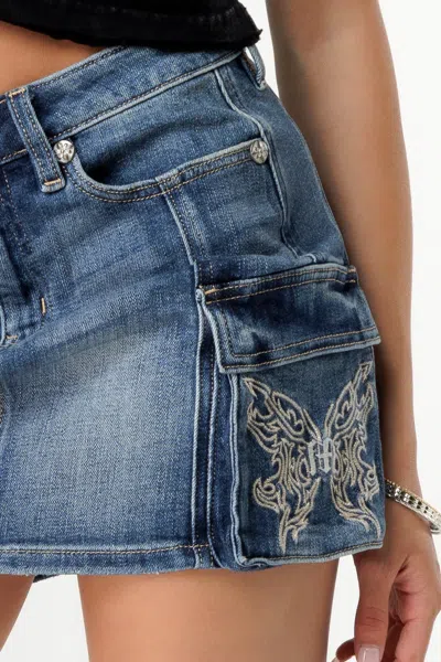 Miss Me Gothic Flutter Cargo Mini Skirt In Med/dark Wash