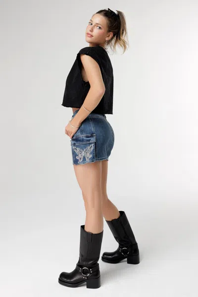 Miss Me Gothic Flutter Cargo Mini Skirt In Med/dark Wash