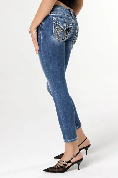 Miss Me Leather Shadow Wings Skinny Jeans In Med/dark Wash