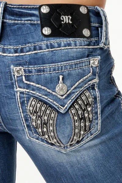 Miss Me Leather Shadow Wings Skinny Jeans In Med/dark Wash
