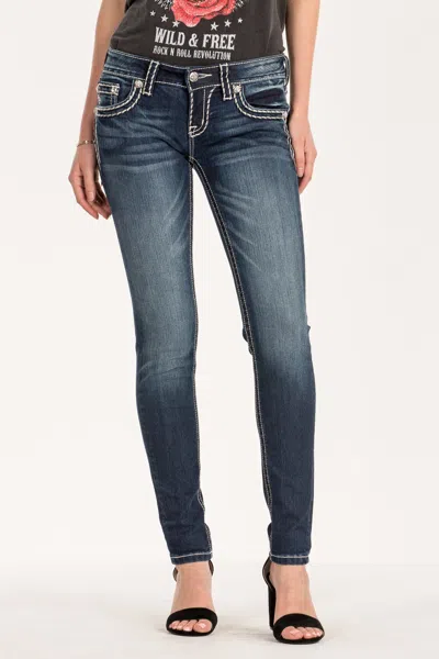 Miss Me Loose Saddle Stitch Border Skinny Jeans In Dark Wash