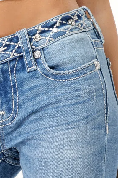 Miss Me Stitched Belt Bootcut Jeans In Medium Wash