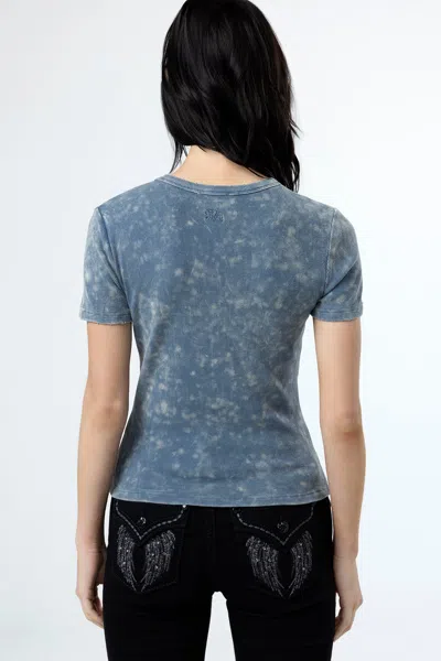 Miss Me Subtle Wash Longline Tee In Denim Blue