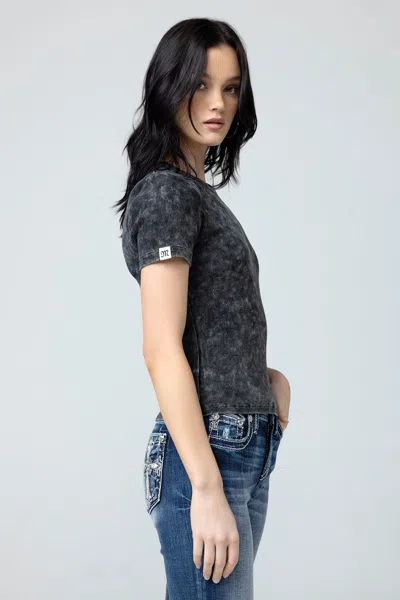 Miss Me Subtle Wash Longline Tee In Denim Blue
