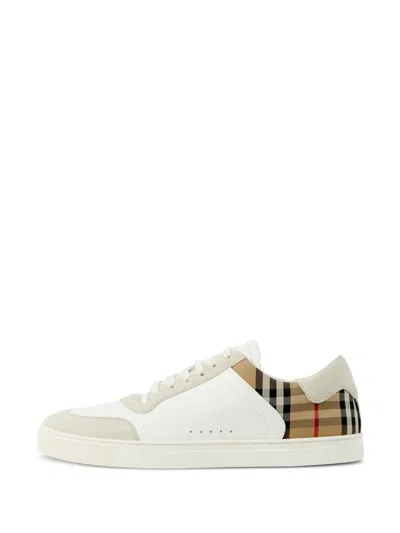 Shop Burberry Check And Leather Sneakers In White