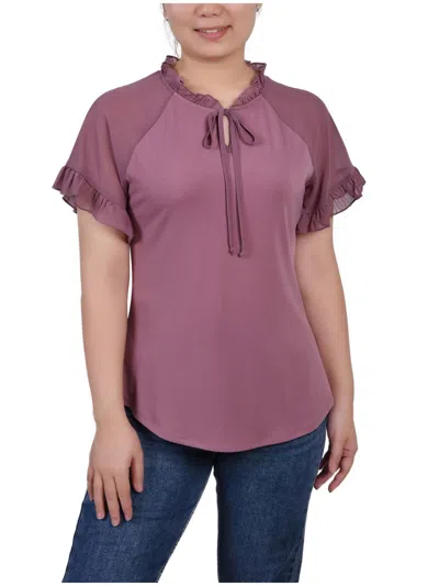 Ny Collection Womens Tie-neck Sheer Sleeves Blouse In Blue