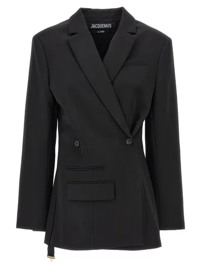 Jacquemus Tibau Asymmetric Double-breasted Grain De Poudre Wool Blazer In Black