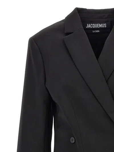 Jacquemus Tibau Asymmetric Double-breasted Grain De Poudre Wool Blazer In Black