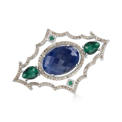 Ross-simons Sapphire, Emerald And Champagne Diamond Pin In Sterling Silver In Blue
