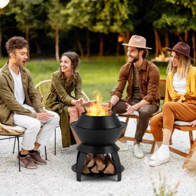Hivvago 20 Inch Patio Fire Pit Metal Camping Fire Bowl With Pot Holder And Storage Shelf-black