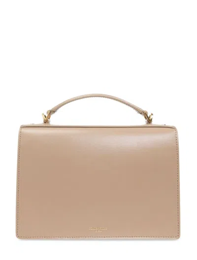 Golden Goose Deluxe Brand Structured Handbag With Gold-tone Clasp And Versatile Straps In Cappuccino