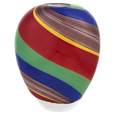 Homezia 9" Red And Green Murano Glass Striped Round Table Vase