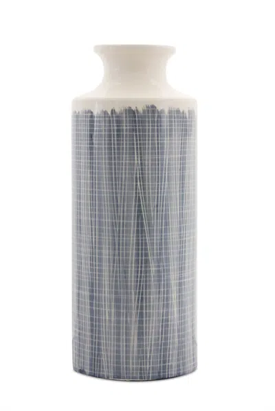 Homezia 19.25" Terracotta Blue And White Striped Round Floor Vase