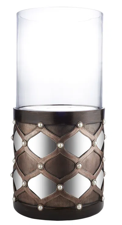 Homezia 22" Bronze And Silver With Pearls Tabletop Hurricane Candle Holder