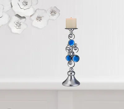 Homezia Set Of Two Silver And Blue Bling Tabletop Pillar Candle Holders